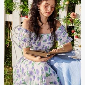 Scarlet Darkness Women's Cottagecore Puff Sleeve Square Neck Smocked Max…